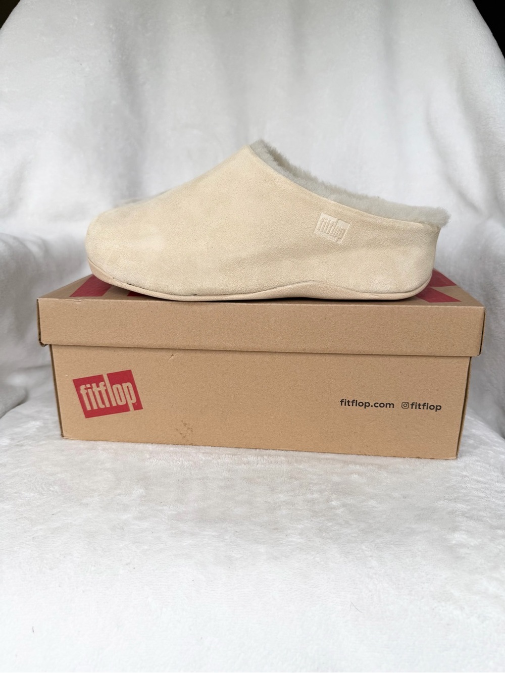FitFlop Shuv Rose Cream Suede Shearling Lined Clog Slippers Mules Womens 7 Box